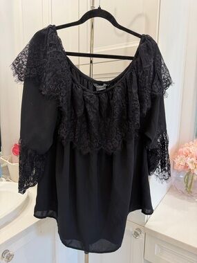 Michel Studio Black Lace Off-Shoulder Blouse
